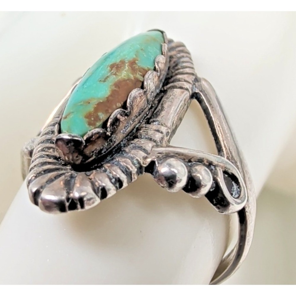 Vintage Southwestern Sterling Silver Marquise Turquoise Split Shank Ring 6.5